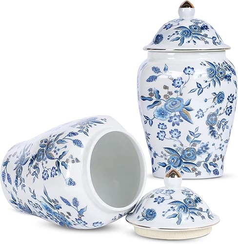 XINGYAN Chinoiserie - Juego de 2 tarros de jengibre, porcelana china azul y blanca, tarro de almacenamiento decorativo para el hogar con tapa (juego