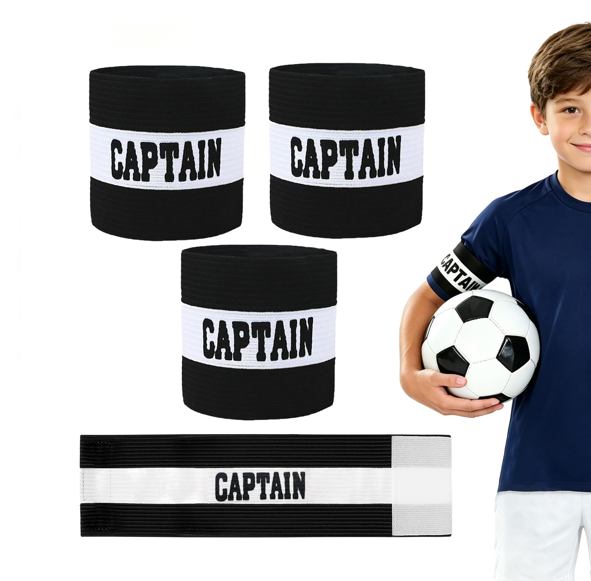 3PCS Captains Armband Football Kids Adult, Adjustable Black Leader Soccer Arm Bands Junior Senior, Breathable Elastic Football Accessories for Boys for Rugby Basketball Hockey Netball