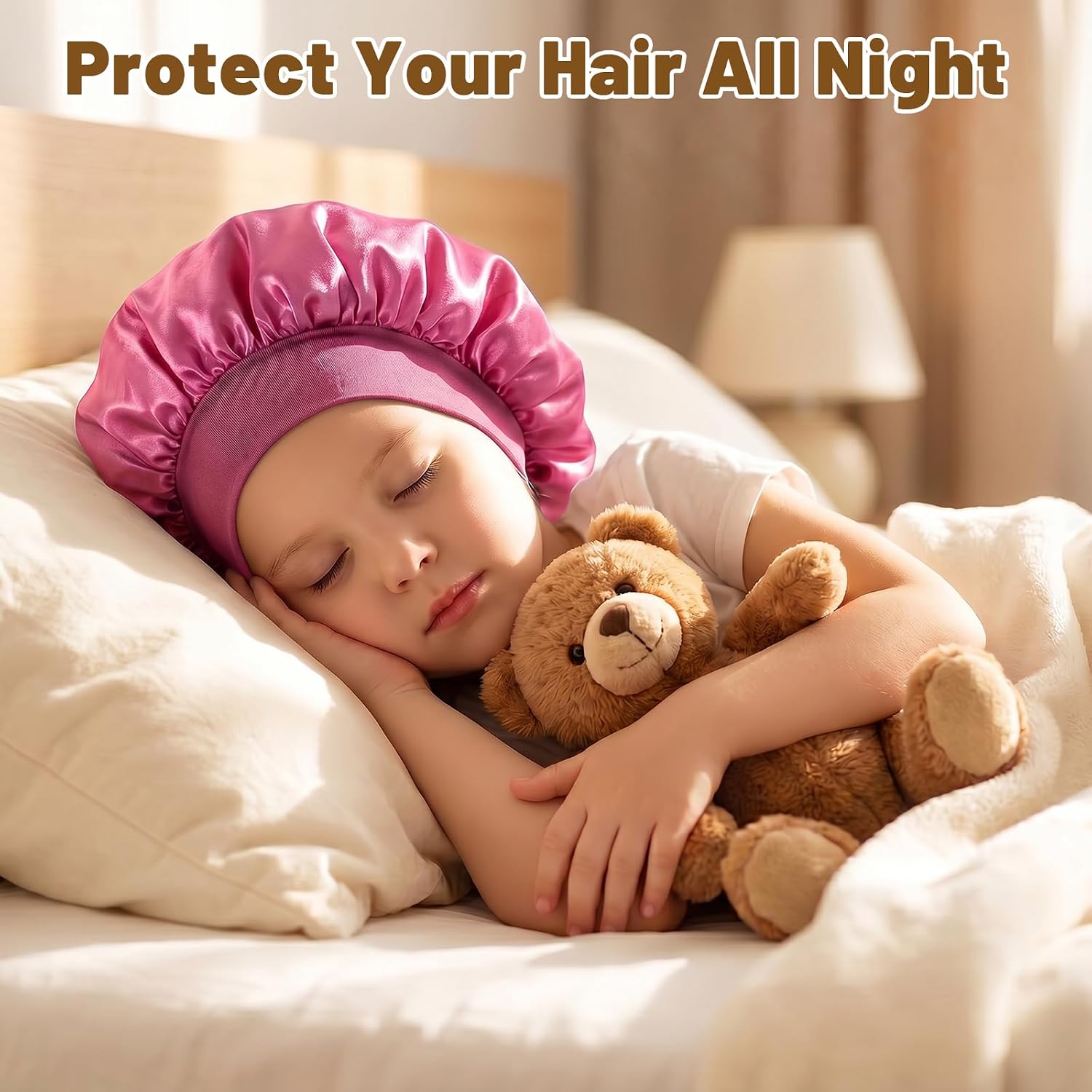 YUXIANLB 3 Pcs Baby Bonnets Silk Satin for Kids, Soft Sleeping Hair Cap with Scrunchies Cute Wide Elastic Sleep Band for Girls Curly Hair Boys Teens Toddler Child (Rose+Black+Purple)