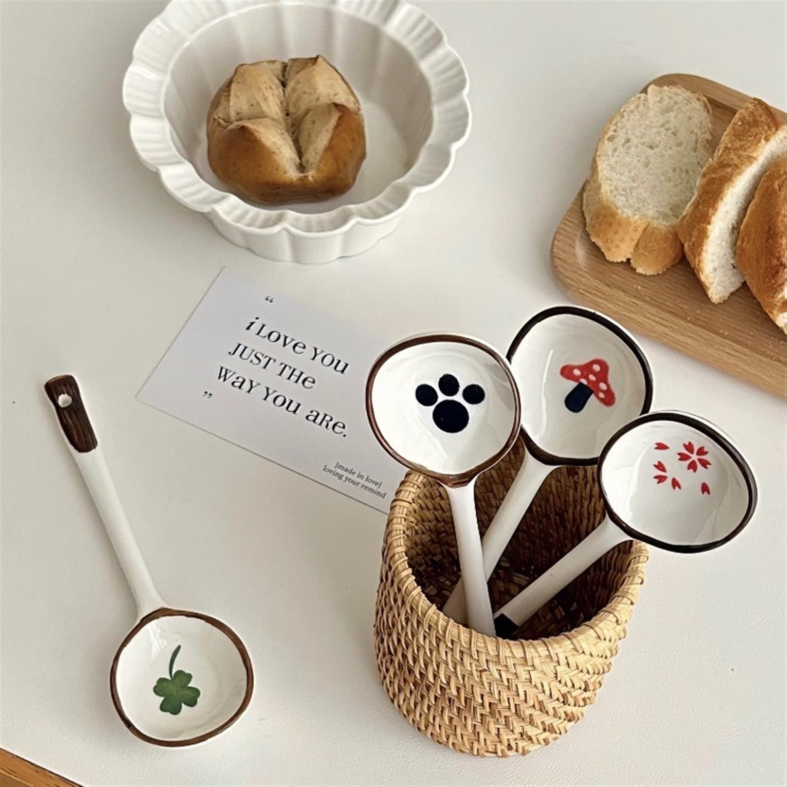 Lot de 4 cuillères à Soupe Rondes en céramique, Style Japonais, en Porcelaine, pour Soupe, Bouillon, céréales, Lait, thé, 17 cm