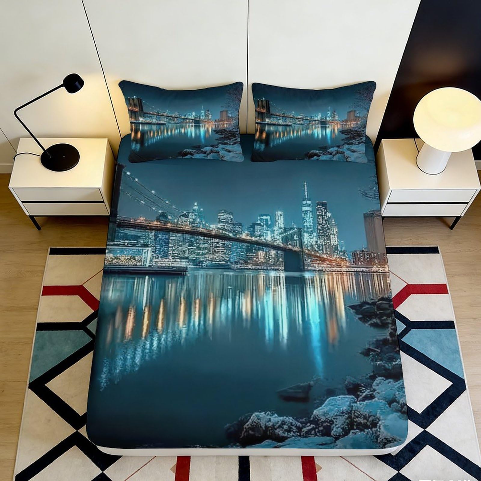3D Printed Night Cityscape Fitted Sheet Microfiber Soft Durable Urban Skyline Bed Cover for Bedroom Dormitory Guest Room Mattress Protection 90x200x25cm