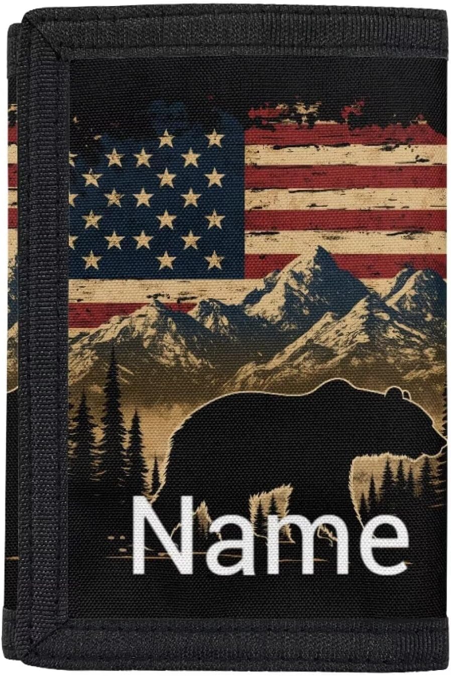 Personalized Kids Wallet with Name Text Bear Pattern Customized Coins Purse for Kids Boys 6-8 10-12 14-16 America Flag Custom Novelty Wallet with Hook and Loop