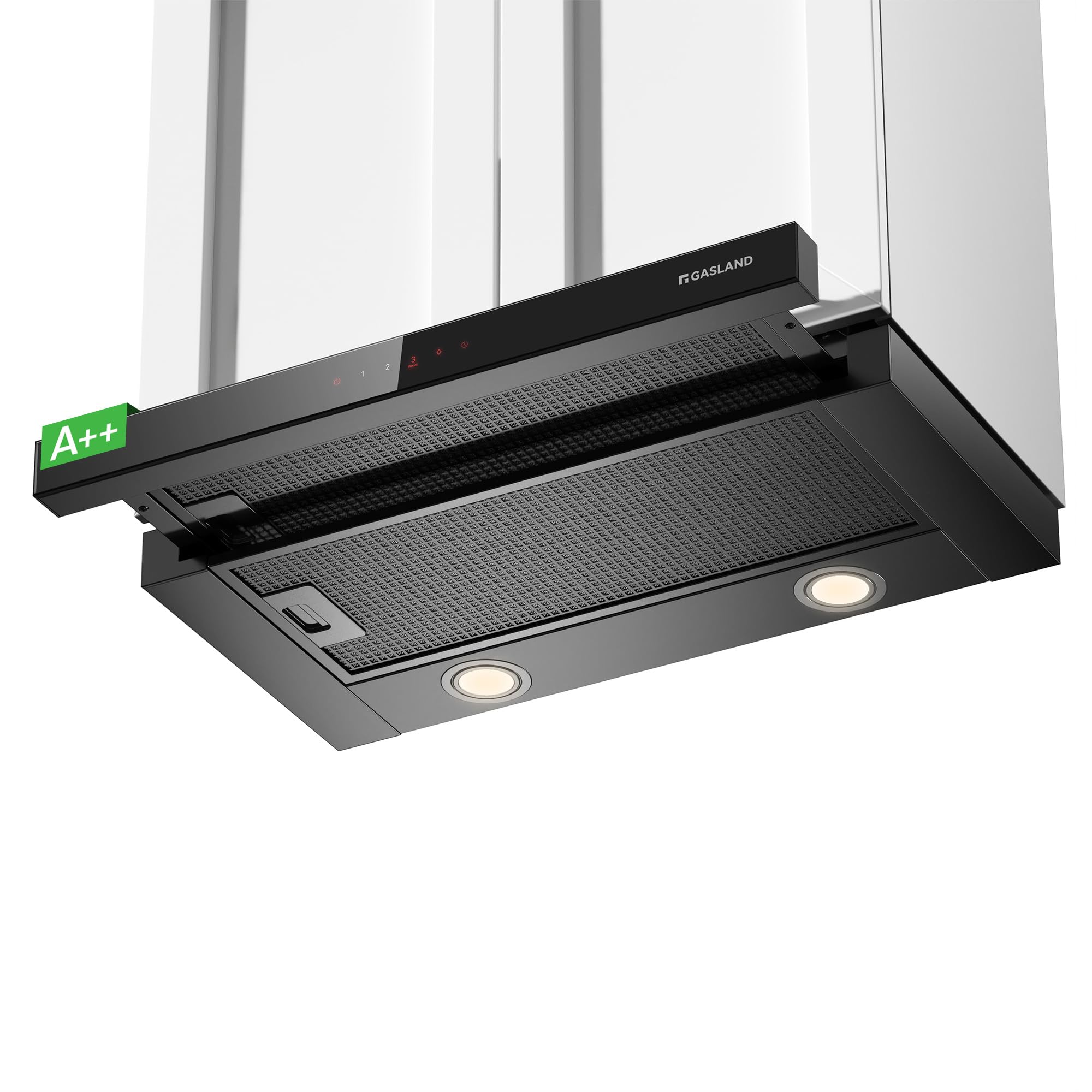 GASLAND BR60BS A++ okap wyciągowy 60 cm Umluft, szklany przód z czujnikiem dotykowym, wbudowany okap 566 m³/h, czarny cichy kaptur z filtrem węglowym CF176