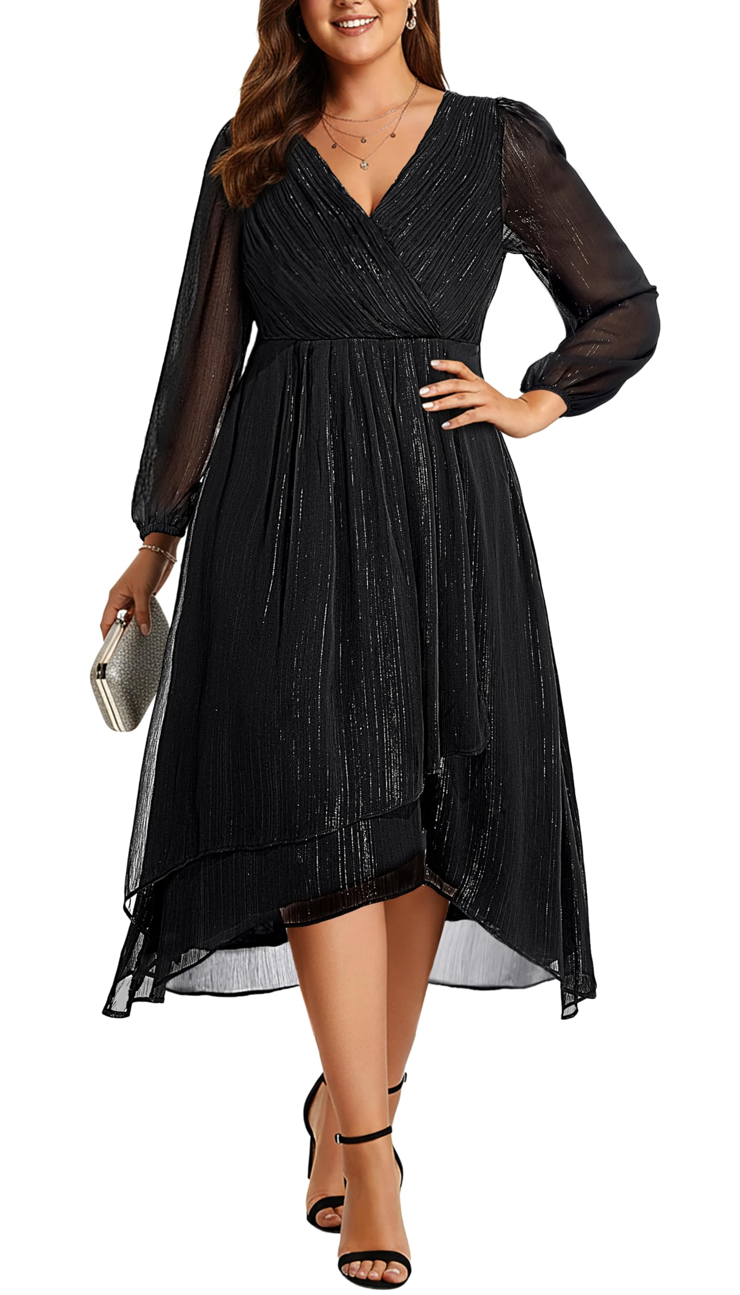 Photo 1 of Talisea Plus Size Cocktail Dress Black Formal Wedding Guest Party Long Sleeve A Line V Neck Midi Dresses for Curvy Women Chiffon