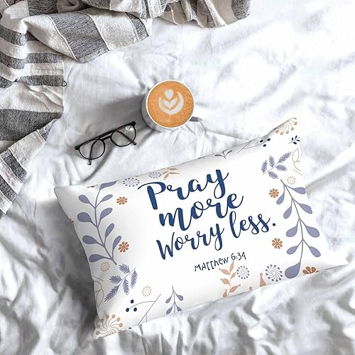 Miniatura 7 de Mugod Funda de almohada floral con frase bíblica, oración más preocupada menos, funda de cojín lumbar para la cintura, sofá, rectangular, decorativa