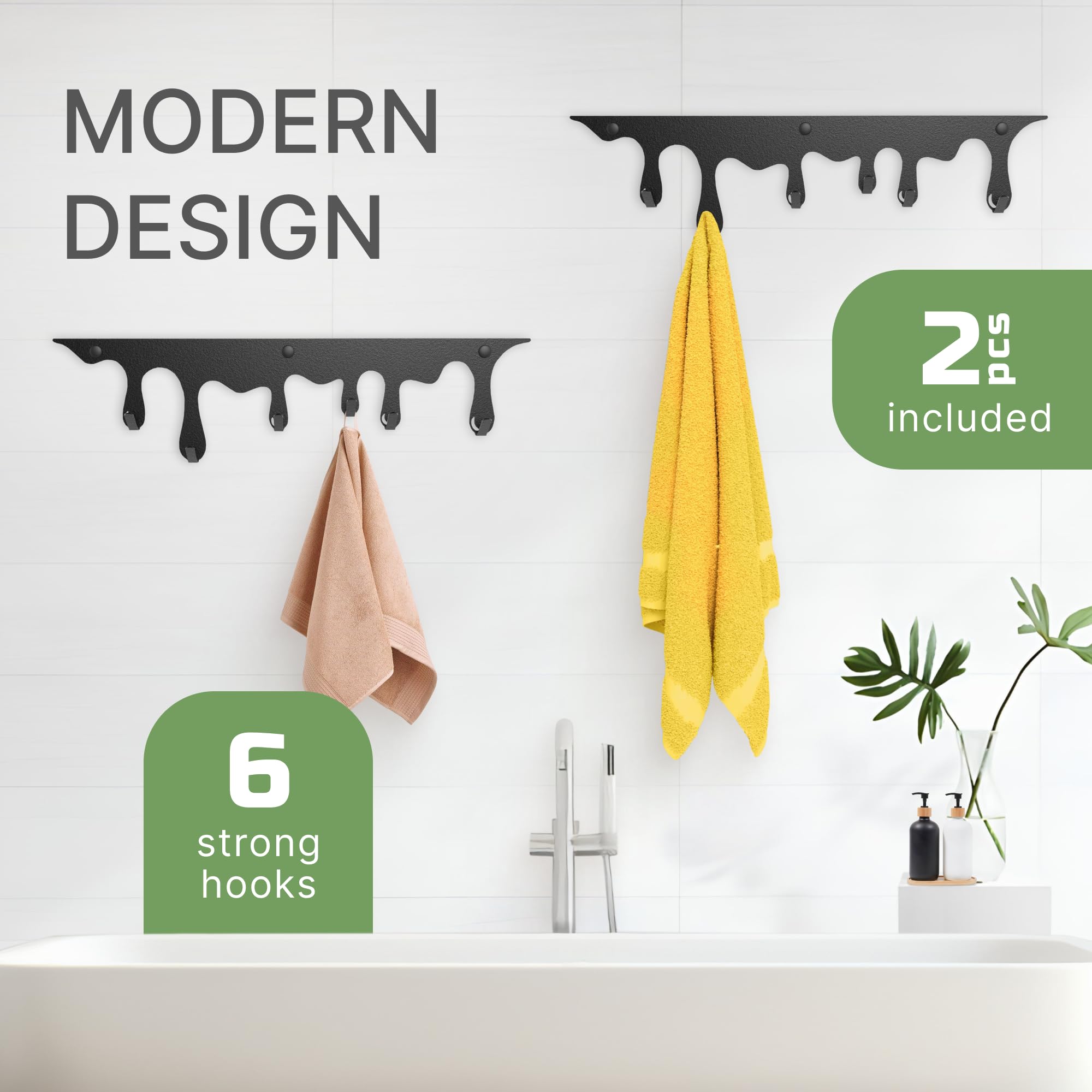 Elegante perchero negro montado en la pared, 2 piezas, 6 ganchos, 60 x 20 cm, diseño moderno de metal resistente, perfecto para habitaciones de niños, dormitorios, pasillos, baños y guarderías