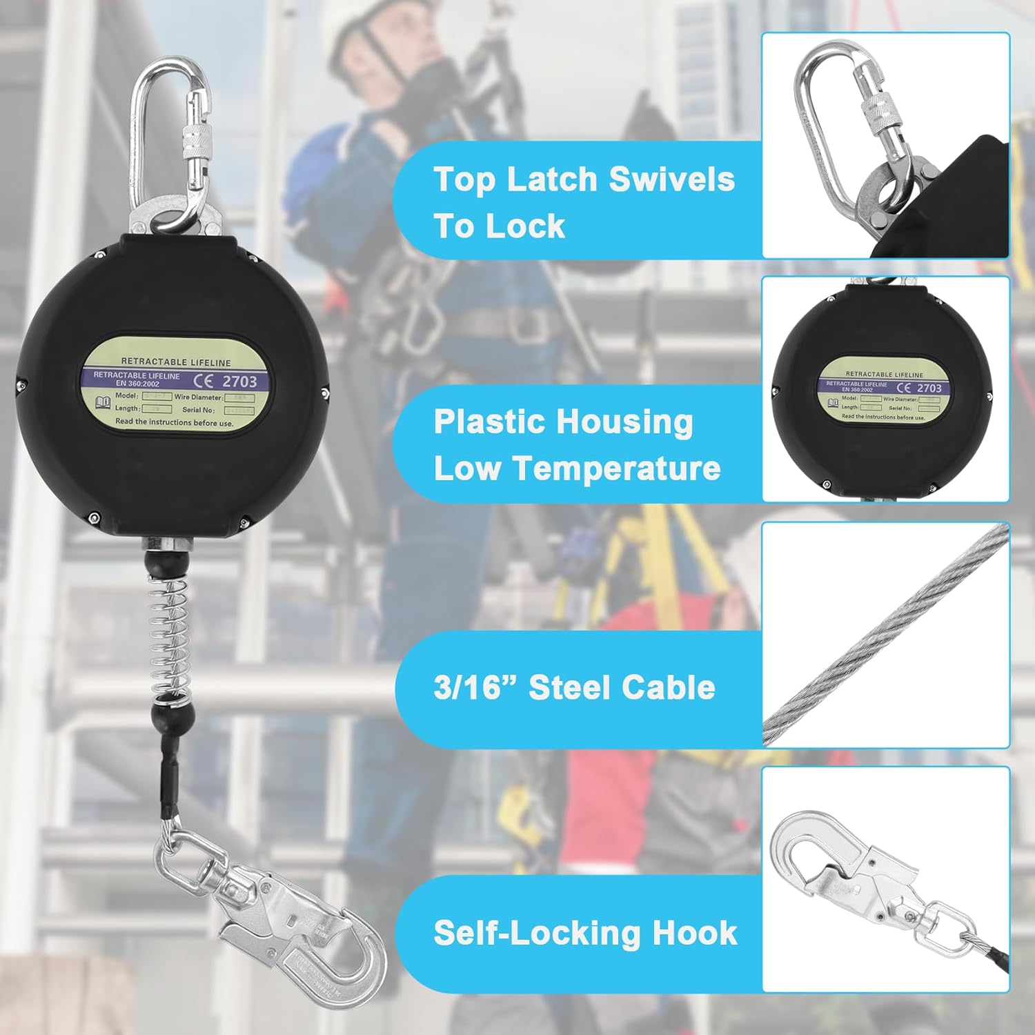 Diagram showing how to connect the self-retracting lifeline to an anchor point and harness