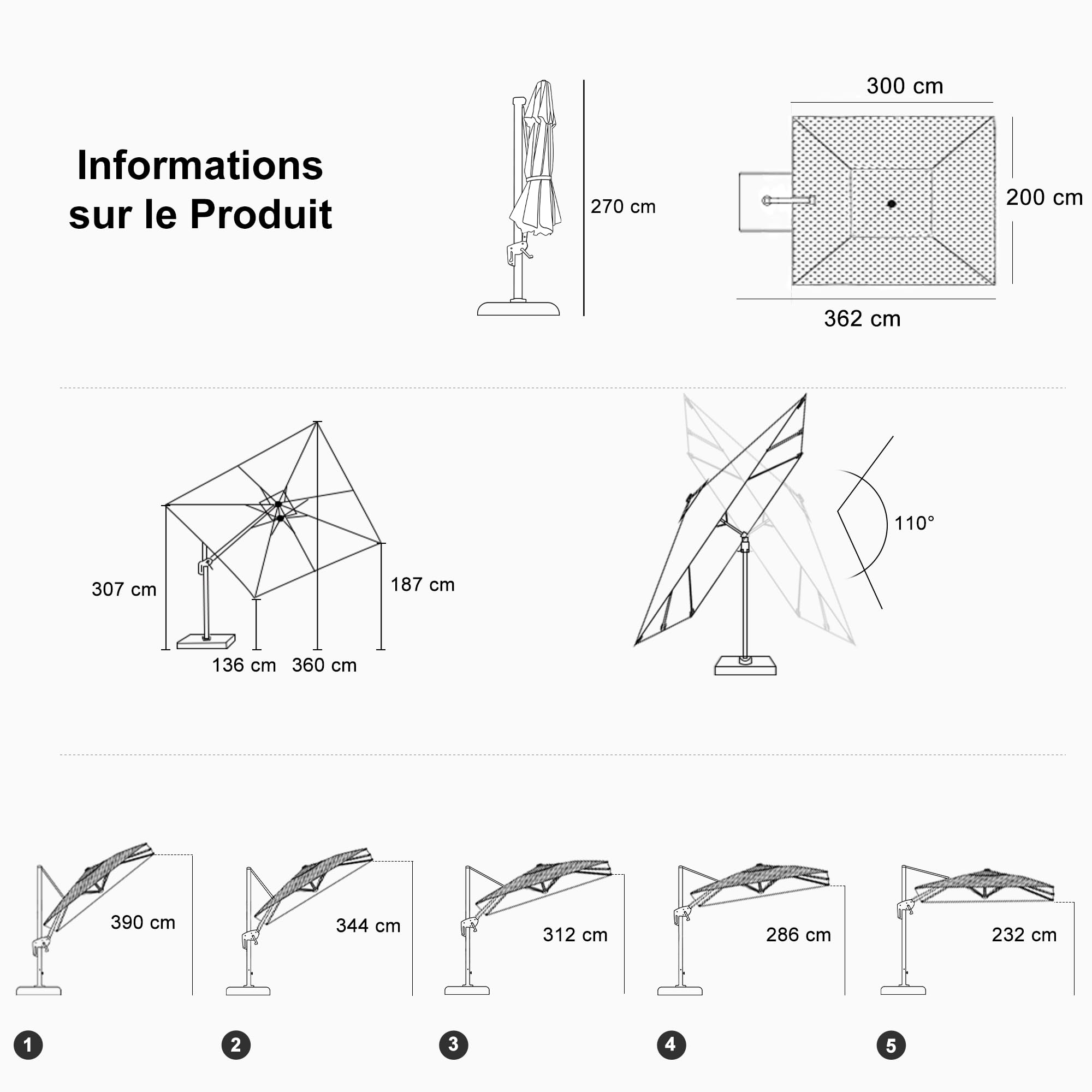 PURPLE LEAF Parasol Déporté 3 x 2 m Gris Inclinable avec Pied de Croix | Inclinaison bidirectionnelle, Surface d'ombre agrandie, Rotation à 360°, 5 niveaux d’inclinaison, Parasol de jardin extérieur
