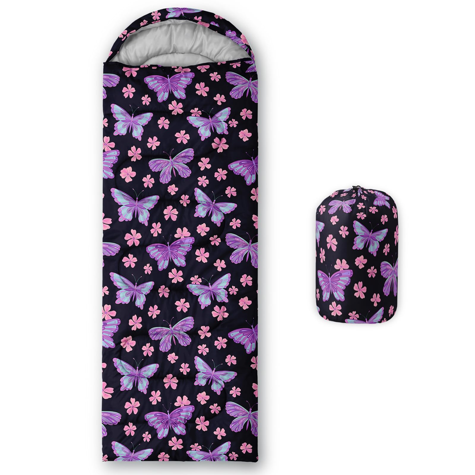 AILONEN Sleeping Bag for Girls Adults Purple Butterflies Slumber Bag with Compact Carrying Bag 3 Season Teens Outdoor Camping Hiking Travel Lightweight & Waterproof Microfiber