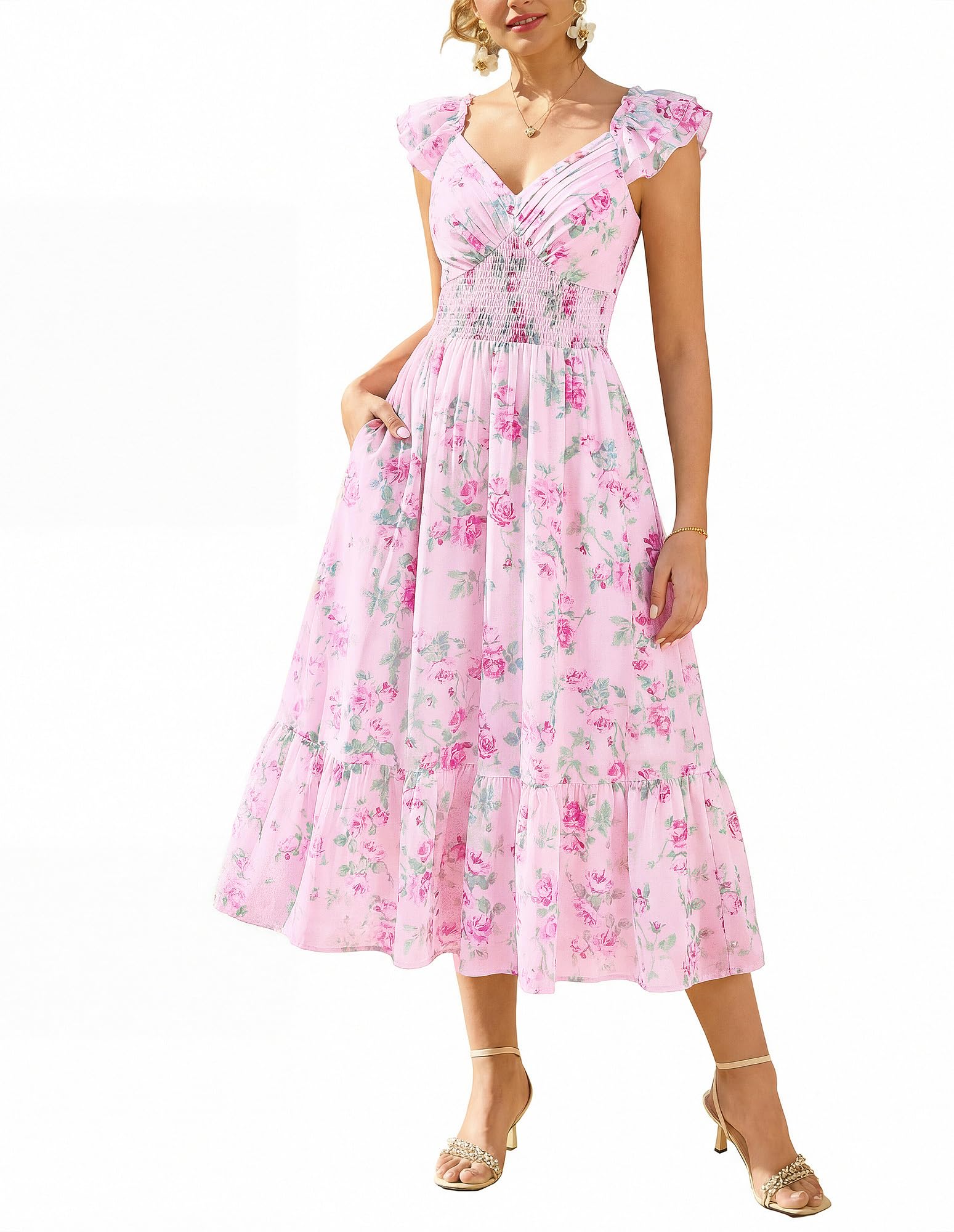 GRACE KARIN A-Linien Blumen Kleider Damen mit Tasche Sommerkleid Leicht | Chiffon Kleid·Blumen Maxikleid·Kleid Hochzeitsgast Damen Elegant Festliche| Rüschenärmel·V-Ausschnitt·Gefüttert·Taschen