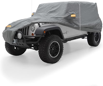 Gray Car Cover Compatible with Jeep Wrangler 2007-2022 JK, JL 4-Door Models | Waterproof Fabric, Weather Protection, with Driver Door Zipper