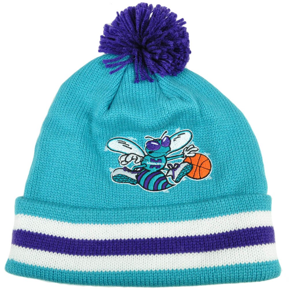 Mitchell & Ness Charlotte Hornets Striped Cuffed Pom Beanie Knit Teal