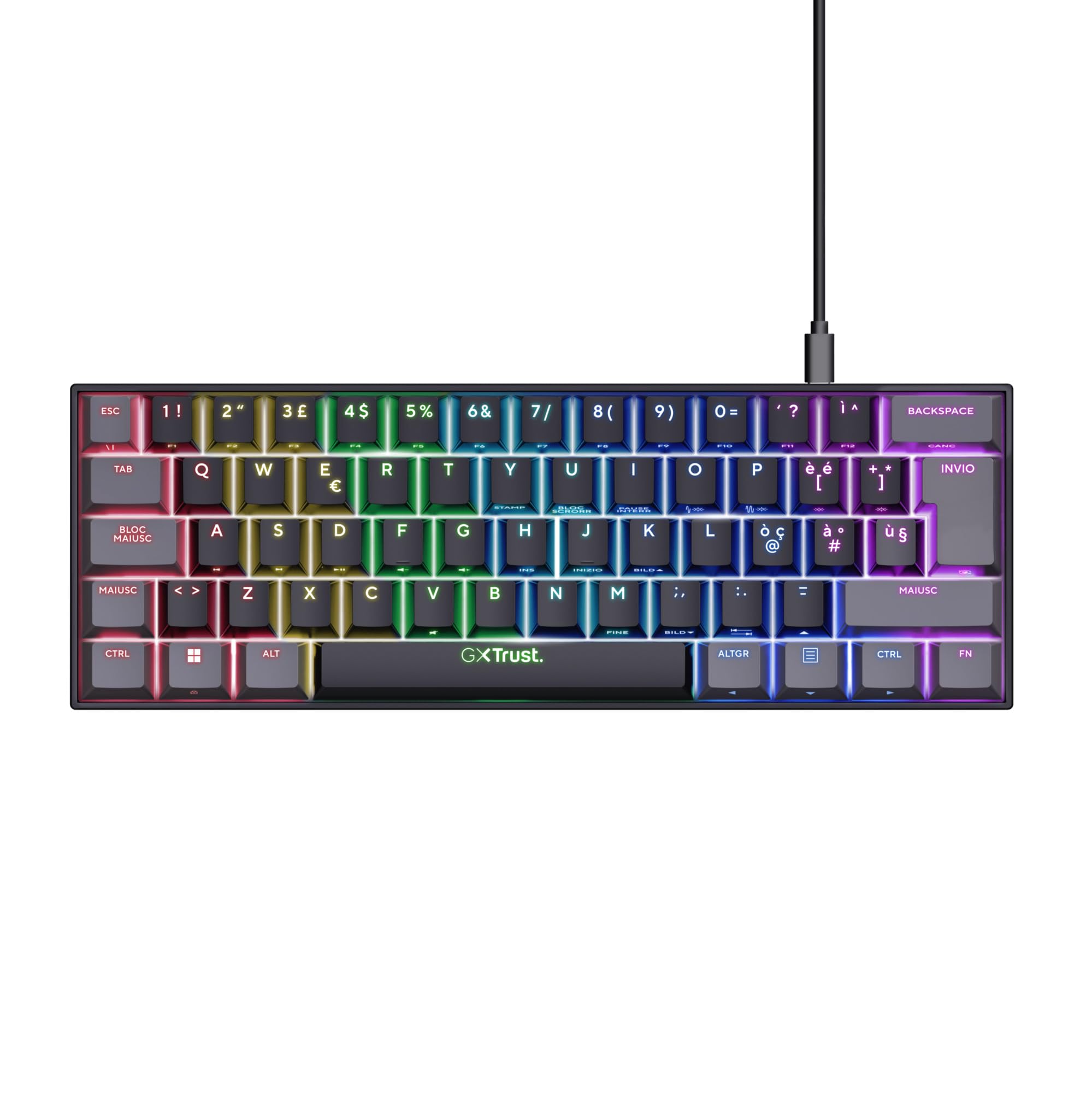 GXTrust 867 Acira Tastiera Meccanica 60% Layout Italiano QWERTY, Mini Tastiera Retroilluminata RGB, Tasti a Doppia Funzione, USB Tastiera Gaming Programmabile PC Laptop Portatile - Nero