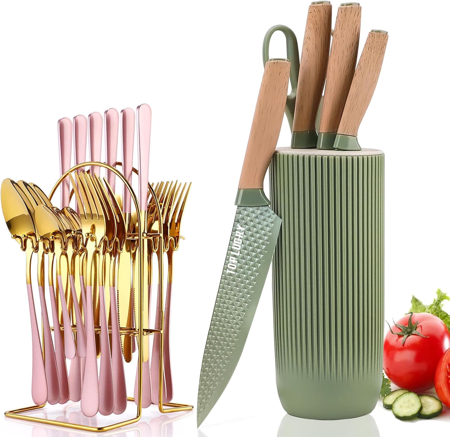 24 Pieces Flatware Set & 6 Pieces Knife Set,Stainless Steel Flatware Set with Silverware Holder Spoons Forks Knives,Super Sharp Knife Set with Ergonomic Handle Non-stick Stainless Steel Knife Block S