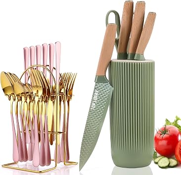24 Pieces Flatware Set & 6 Pieces Knife Set,Stainless Steel Flatware Set with Silverware Holder Spoons Forks Knives,Super Sharp Knife Set with Ergonomic Handle Non-stick Stainless Steel Knife Block S