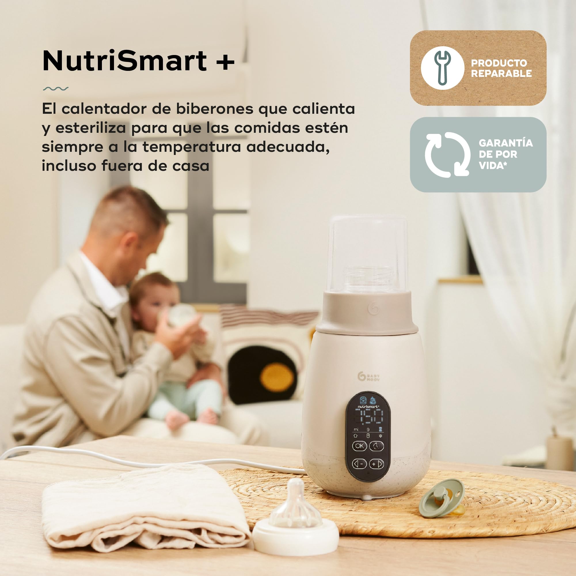 Babymoov Calentabiberones y esterilizador NutriSmart(+) - Portátil - Casa y coche - Adaptador, cesta y tapa incluidos - Calentamiento programable - Función de mantenimiento del calor durante 1 hora
