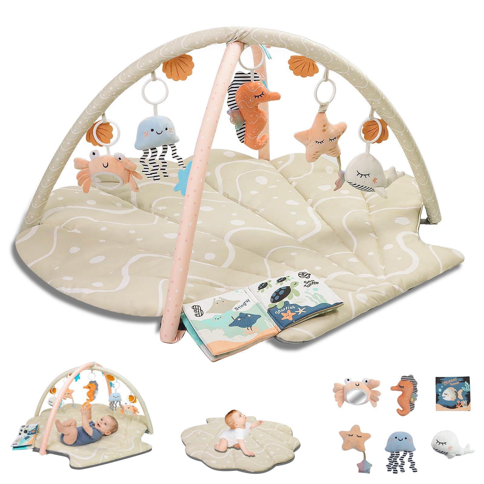 Baby Play Mat, Oversize Shell Tummy Time Mat with 6 Detachable Baby Activity Toys, Baby Gyms & Playmats for Babies 0-6 Months, Baby Essentials Mat for