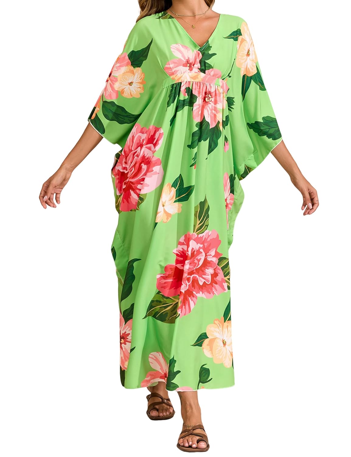 MAKABO Summer Thin Kaftan Dresses for Women Hawaii Swimsuit Cover Up V Neck Caftan Beach Vacation Print Dress
