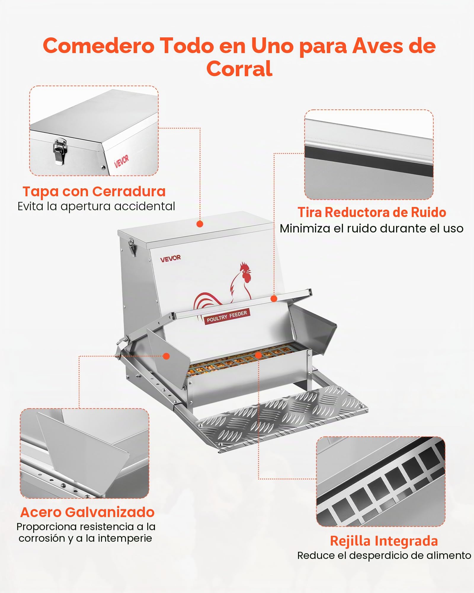 VEVOR Comedero automático, capacidad de 18 kg, resistente a la lluvia, con pedal y tapa con cerradura, Sin desperdicio, acero galvanizado, para pollos, gallinas enanas, aves de corral y faisanes