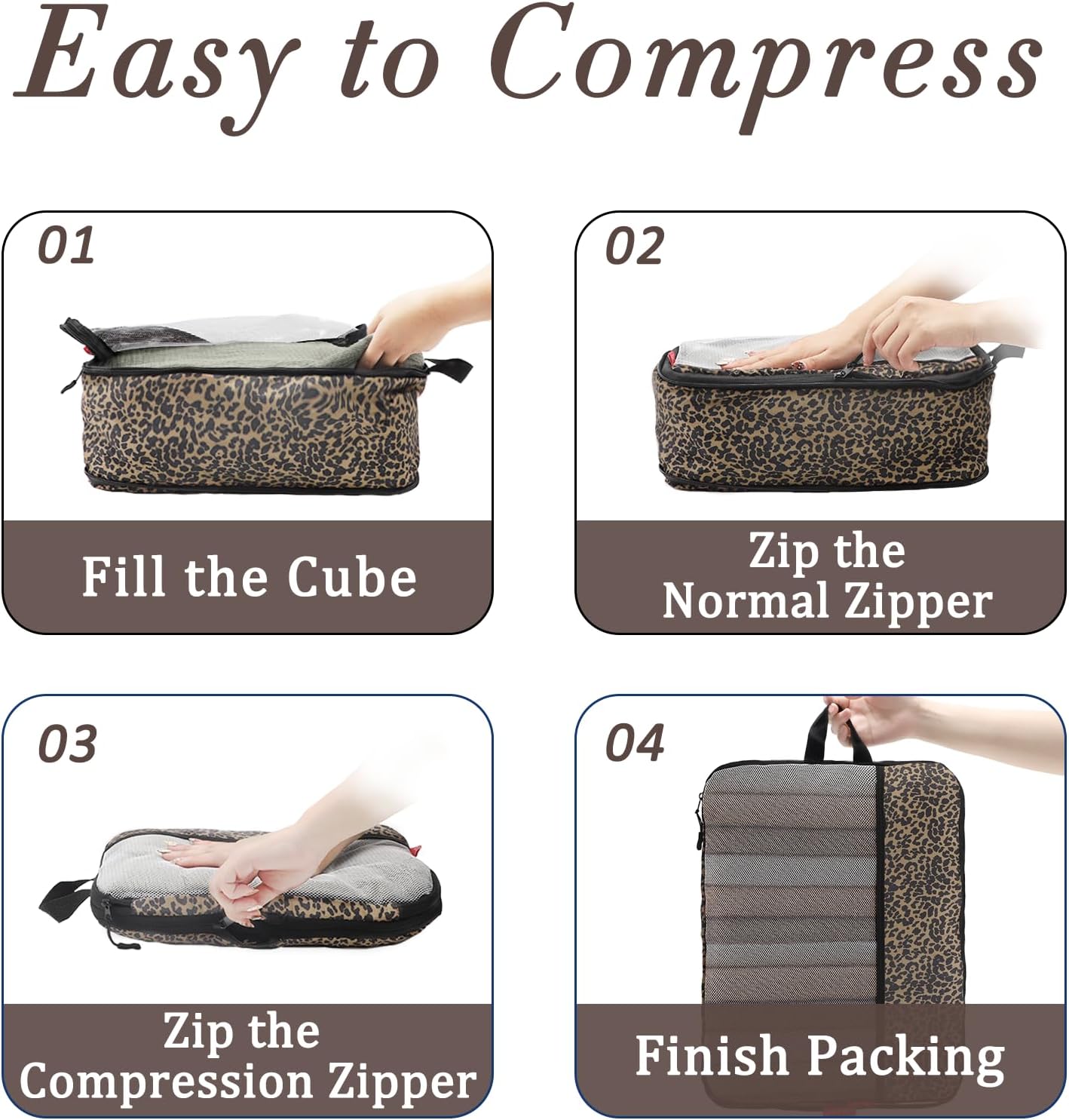U+U 6 Set Compression Packing Cubes - Ultralight Travel Organizers with Laundry Bag, Space-Saving Suitcase Organizer, Expandable Packing Cubes for Travel, Business Trip and Family Vacation (Leopard) - Image 4