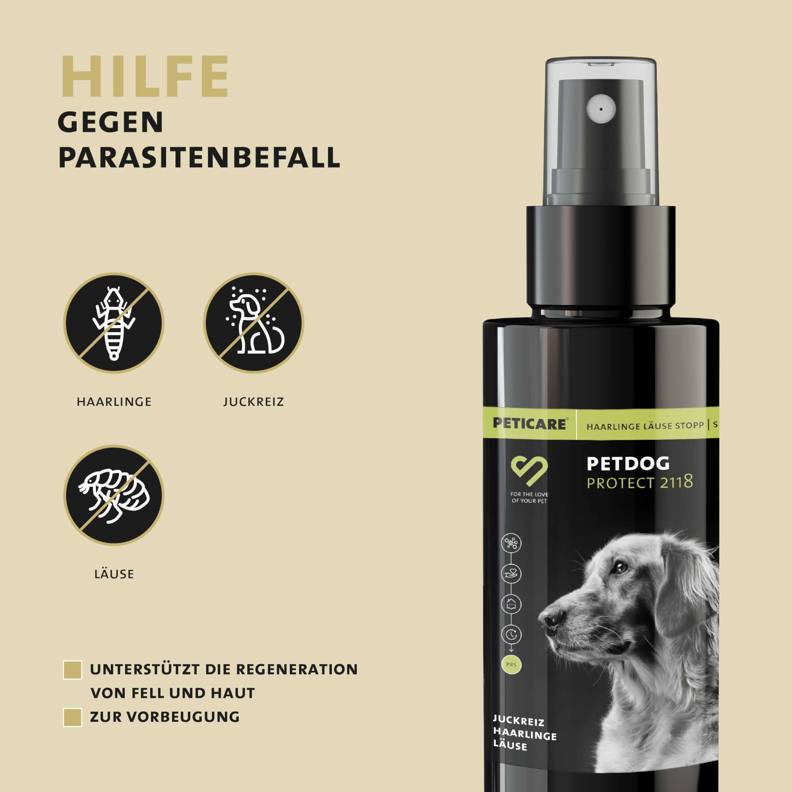 Peticare Anti-Läuse & Haarlinge Spray für Hunde | Spezial-Mittel lindert effektiv Juckreiz & unterstützt Regenerationsprozess | einzigartiges PRS® System für Lange Wirkung – petDog Protect 2118