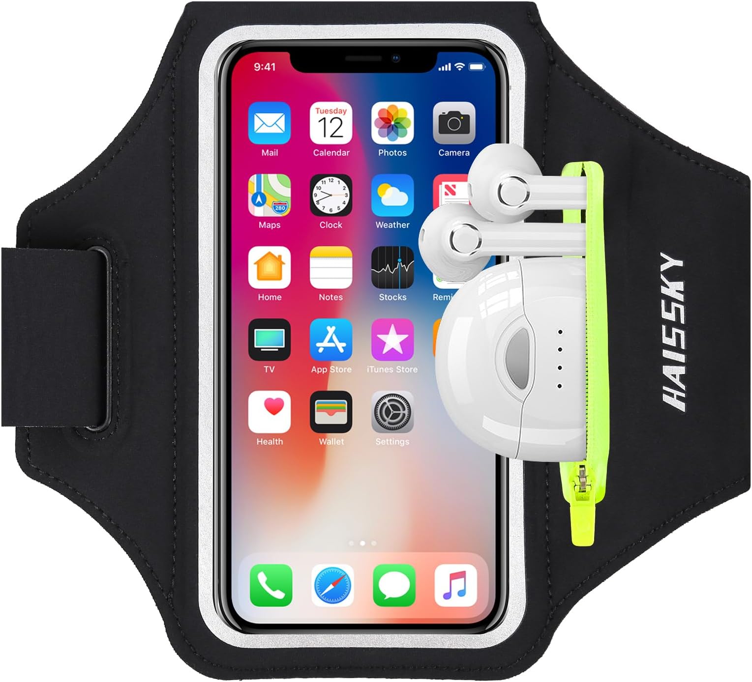 HAISSKY Running Armband with Earbuds Bag Running Phone Holder for iPhone 17 Pro Max/16 Pro/15 Pro Max/14/13 Pro/12/11 Plus Sports Arm Phone Holder with Zipper Pocket for Phones up to 6.9"