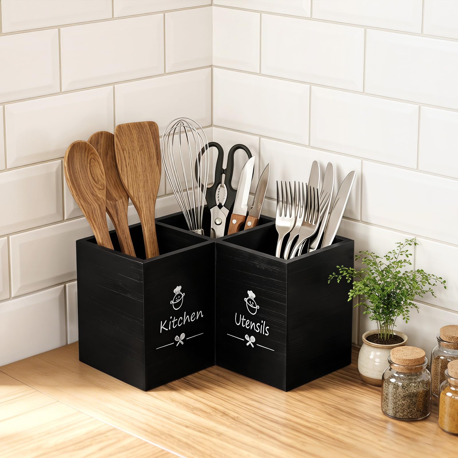 Küchenutensilienhalter mit 3 Fächern, Utensilienhalter aus Holz für die Küchentheke, Aufbewahrung von Küchenutensilien, Utensilien Organizer Spatel, Löffel, Gabeln, Bauernhaus-Küchendekoration