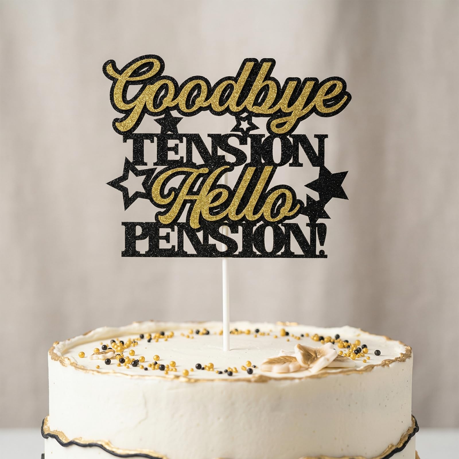 Retirement Cake Topper - Happy Retirement Cake Decor with Funny Saying "Goodbye TENSION, Hello PENSION!" - Elegant Black Gold Party Decoration for Adult Celebration 2.2 五点描述 — view 2