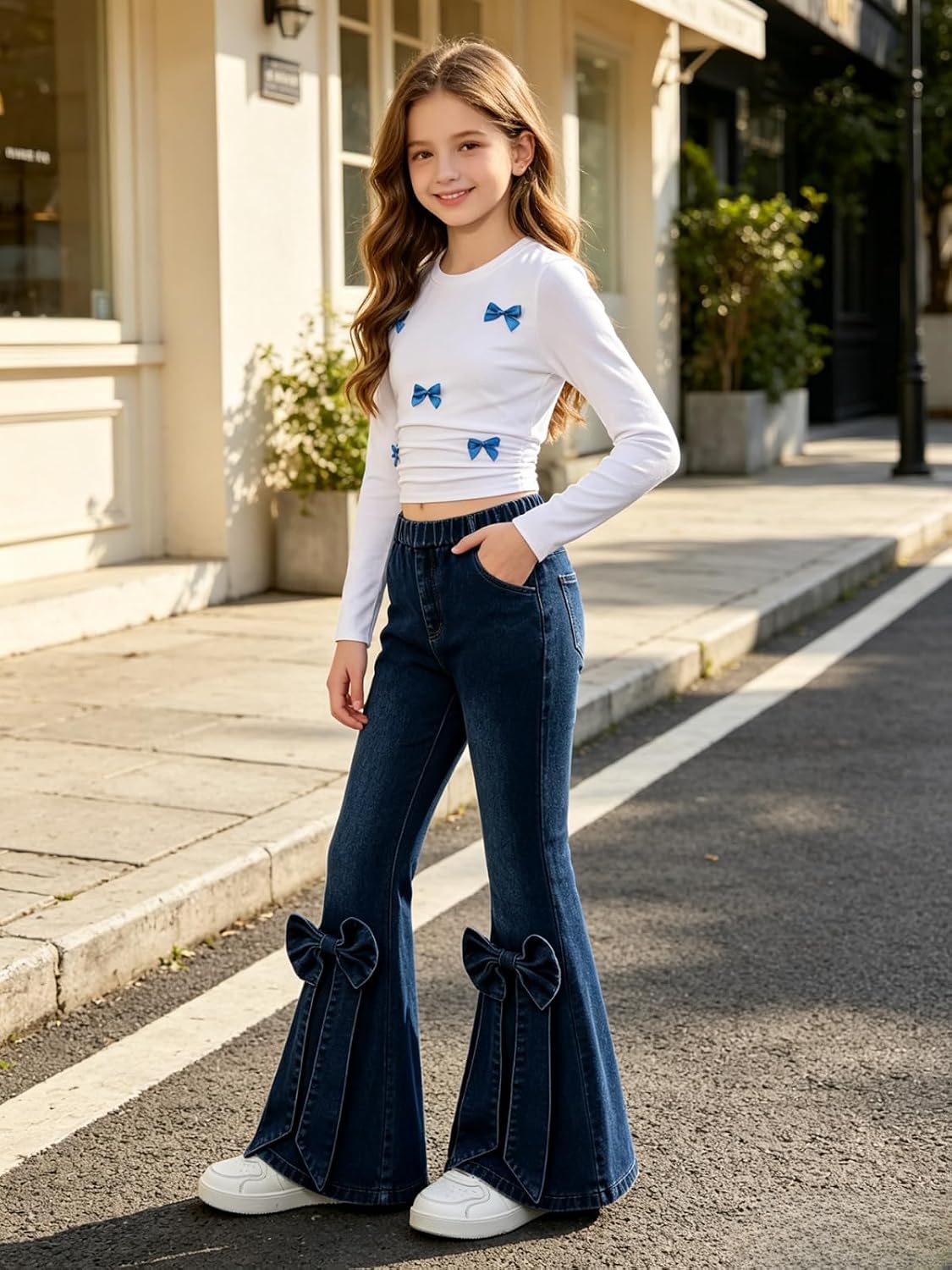 Size 9-16 Years Girls Clothes 2 Piece Cute Long Sleeve Tops & Denim Flare Pants Tween Teen Girls Fall Outfits Set