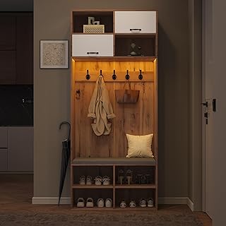 Juego completo de perchero con asiento, 5 ganchos, 2 puertas y 6 trasteros abiertos, color madera natural y blanco, 80 x 185 x 35 cm (ancho x alto x profundidad)