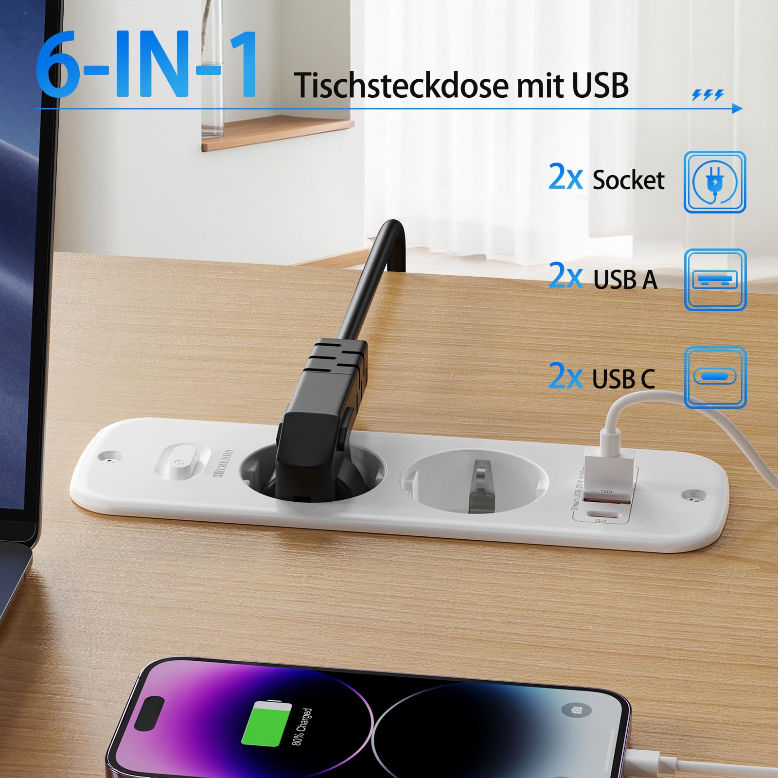 Blat wysuwane gniazdko z 4 portami USB (2 × USB-A + 2 × USB-C) i przełącznikiem, listwa zasilająca do zabudowy, listwa zasilająca z 2 gniazdami 2 m, 4000 W/16 A, gniazdko stołowe do biura, biura