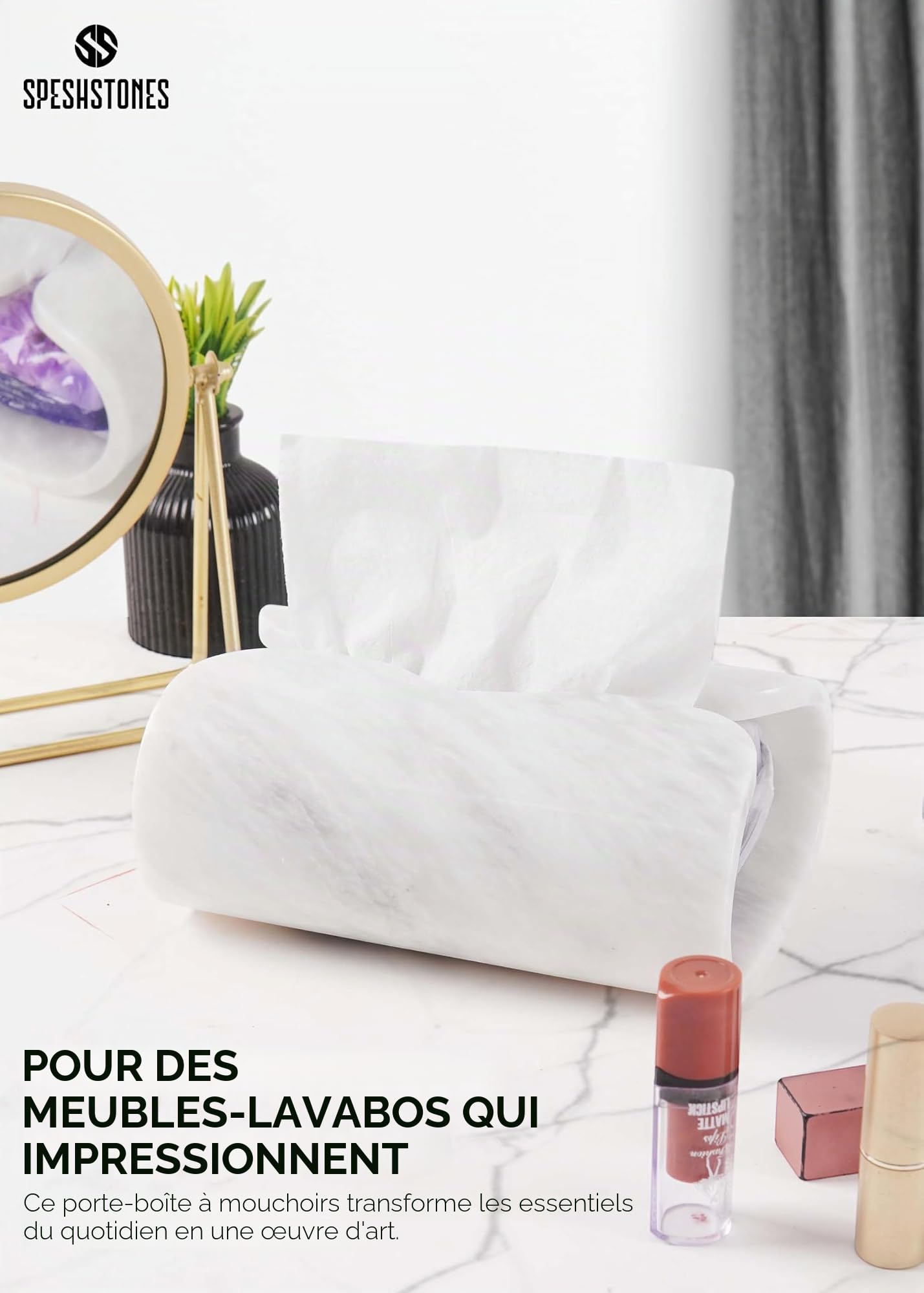 SPESHSTONES - Boîte à mouchoirs en marbre, rectangulaire, blanche, faite à la main, de 19 cm, pour salle de bain moderne et organisateur de maison - Boîte décorative pour mouchoirs faciaux pour la
