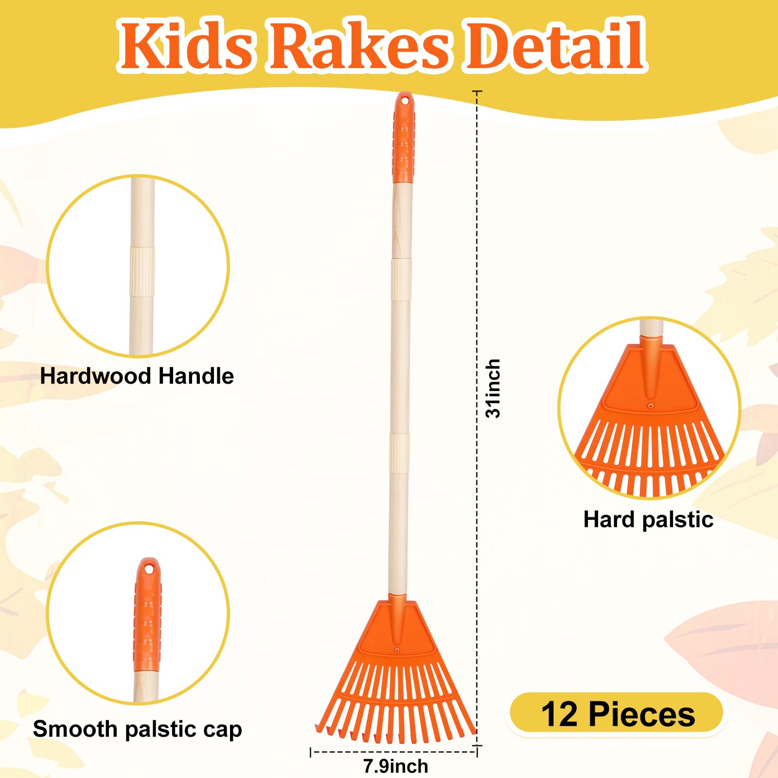 Therwen Grabie dla dzieci do liści 80 cm, plastikowe grabie do trawnika, grabie ogrodowe z plastikową główką grabi i drewnianym uchwytem, narzędzia ogrodnicze dla dzieci, na kemping, do łóżek