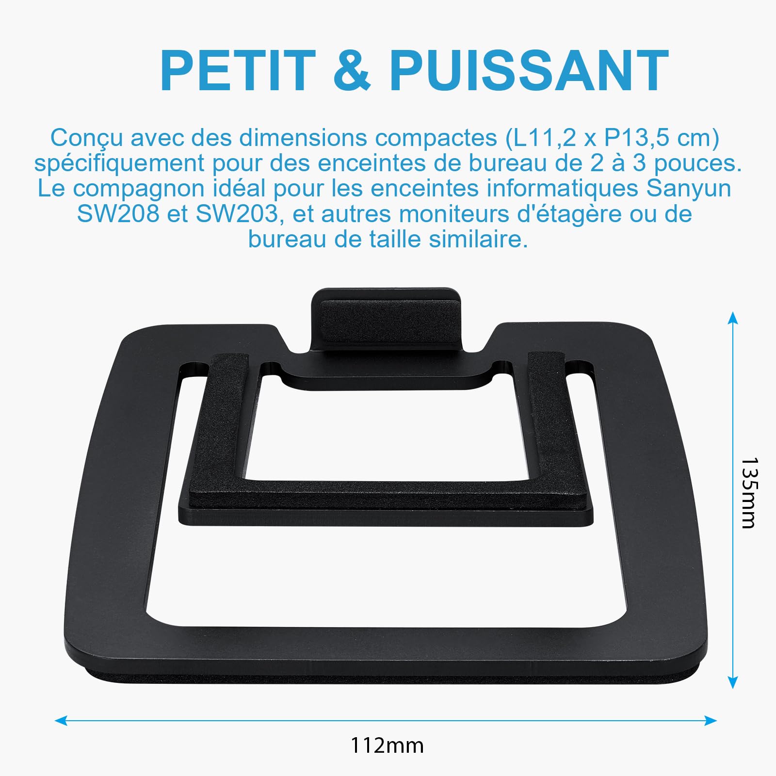 Sanyun SW601 Supports d'enceintes de Bureau inclinés à 15° pour Enceintes compactes 2''-3'' d'ordinateur, de PC, de bibliothèque et - Base en Acier et Rembourrage en Mousse amortissante (Paire, Noir)