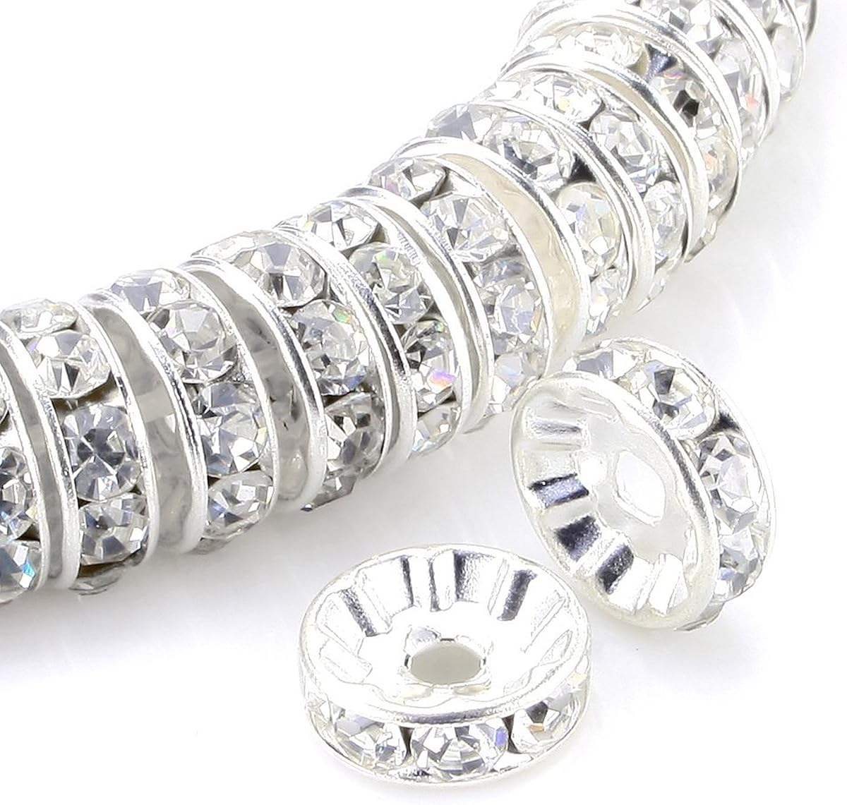 Allb 100Pcs Rondelle Spacer Beads 8mm Silver Plated Czech Crystal Rhinestone for Jewelry Making Loose Beads for Bracelets