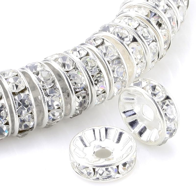 Allb 100Pcs Rondelle Spacer Beads 8mm Silver Plated Czech Crystal Rhinestone for Jewelry Making Loose Beads for Bracelets