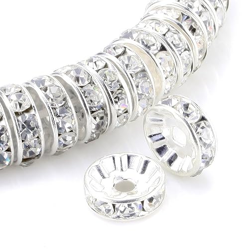 Allb 100Pcs Rondelle Spacer Beads 8mm Silver Plated Czech Crystal Rhinestone for Jewelry Making Loose Beads for Bracelets