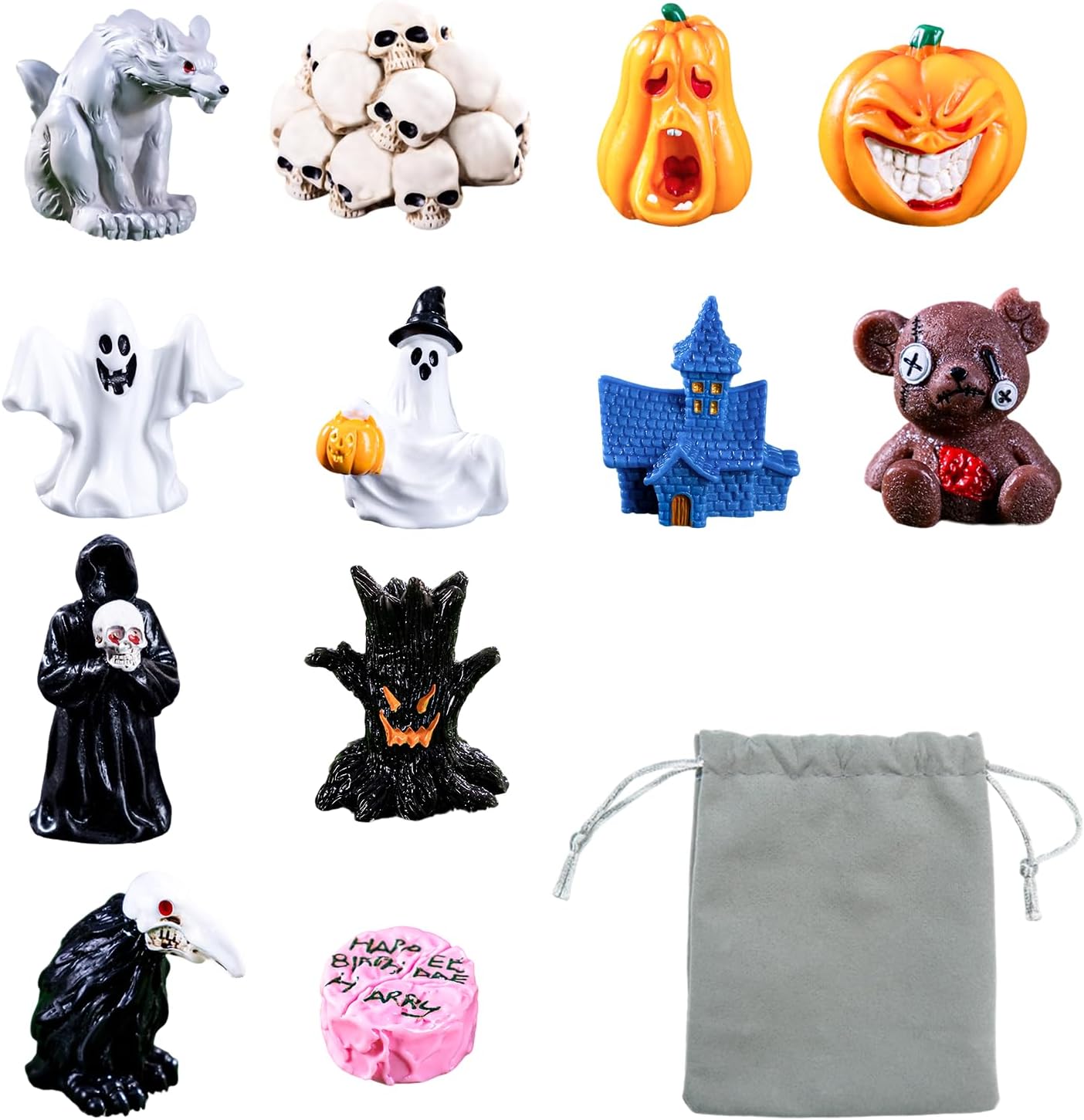 12-Piece Halloween Figurine Set, Mini Resin Sculpture Collection with Gray Drawstring Bag, for Home/Office/Car Desktop Decor, Spooky Festival Party Decoration