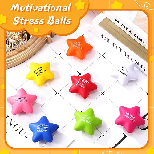 Miniatura 4 de Sratte 60 bolas motivacionales para el estrés para niños y adultos, juguetes de estrellas con citas de colores surtidos, pequeños juguetes de