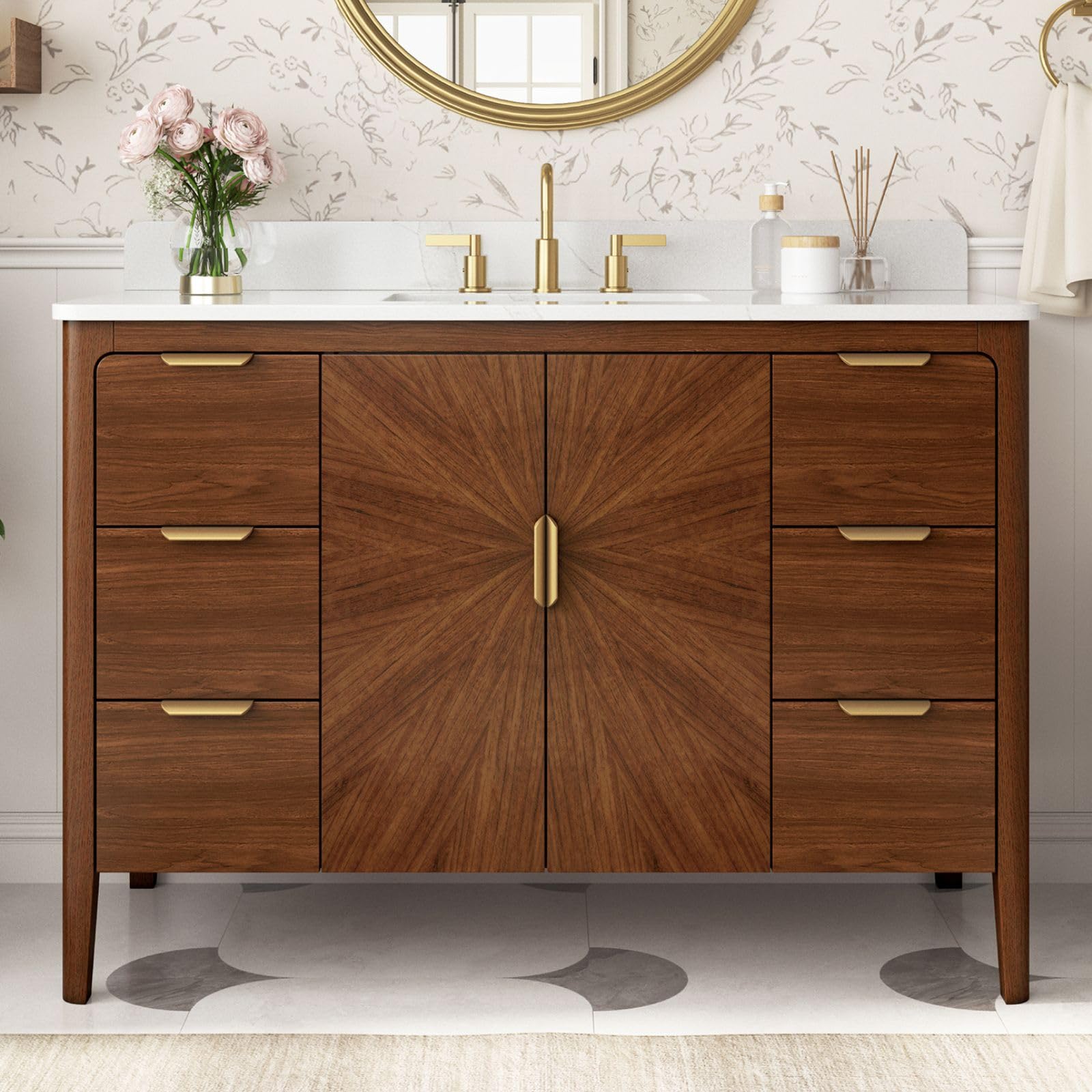 DELUXE LIVING 48 Inch Walnut Parquet Door Bathroom Vanity