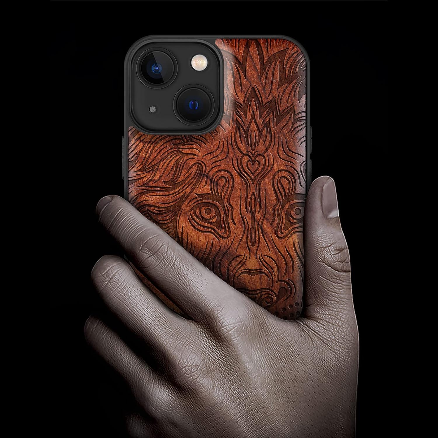 Carveit Magnetic Wood Case for iPhone 13 Mini Case [Hard Real Wood & Black Soft TPU] Unique & Classy Wooden Shockproof Protective Cover Compatible with MagSafe (Lion in Aztec Style -Rosy)