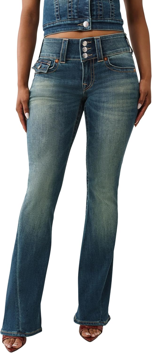 True Religion Y2K Joey Mid Rise Flare Jeans – Retro Flare Fit with Big T Flap Pockets