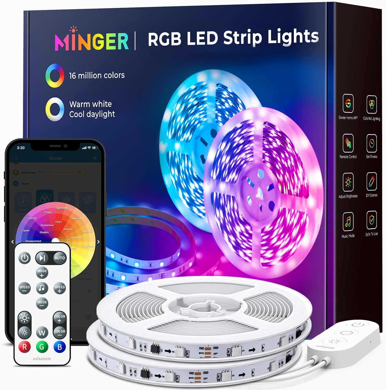 MINGER LED Strip Lights with Remote and Control Box, 32.8ft Music Sync LED Lights, RGB Color Changing Lights with 64 Scenes Modes on App, LED Lights for Bedroom, DIY for Room, Kitchen, Home Decor