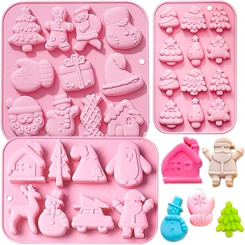 3 Pack Christmas Silicone Baking Mold, Christmas Tree Holiday Silicone Molds Soap Candy Molds for Chocolate Jello Snowman Gingerbread Snowflakes Socks Bells Santa Baking Mold Xmas-Pink