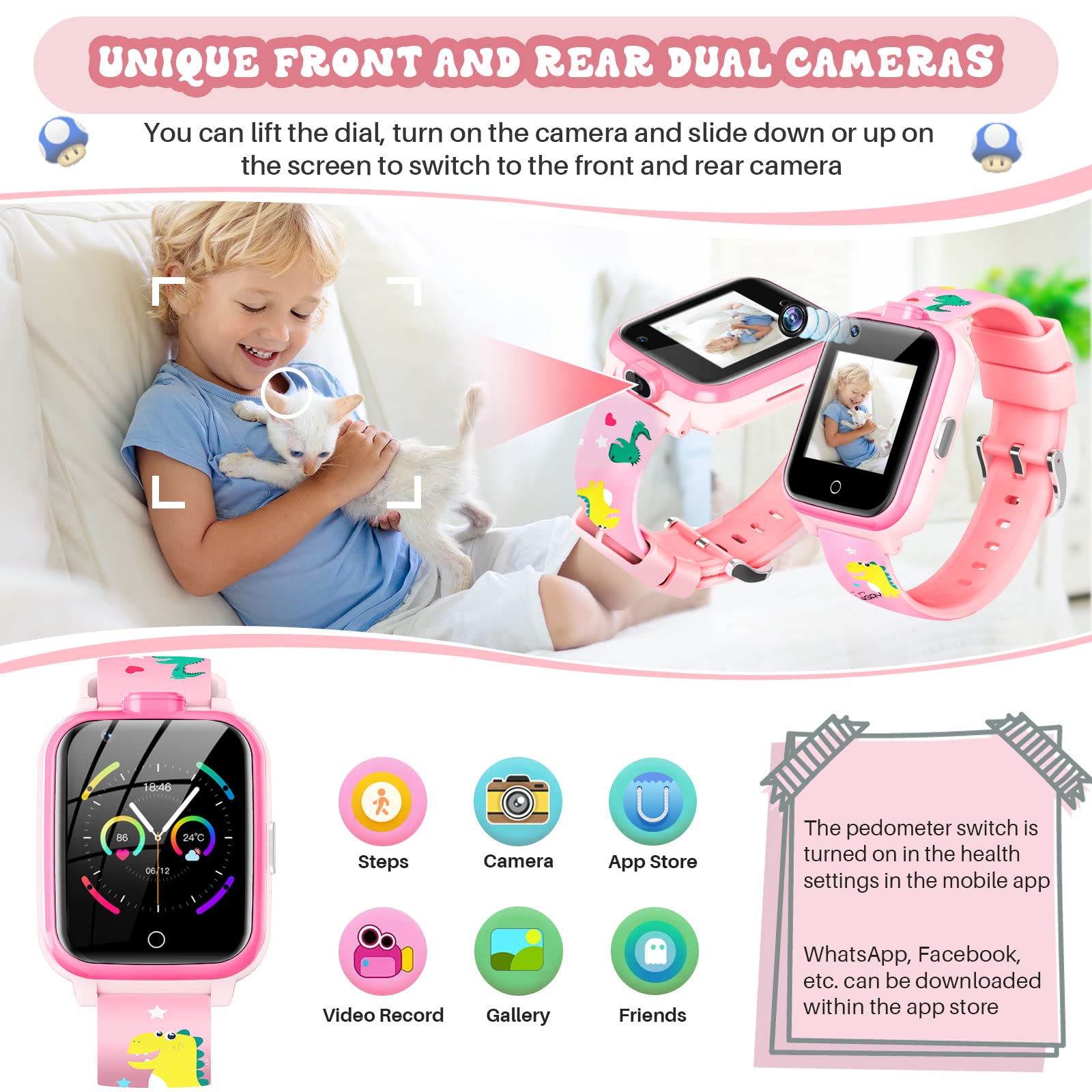 Inteligentny Zegarek dla Dzieci, LiveGo 4G Secure Dual Camera Smart Watch, GPS Tracker SOS Call dla Dzieci Studenci w Wieku 4-12 lat Prezenty Urodzinowe Dzień Szkolny(T13 różowy)