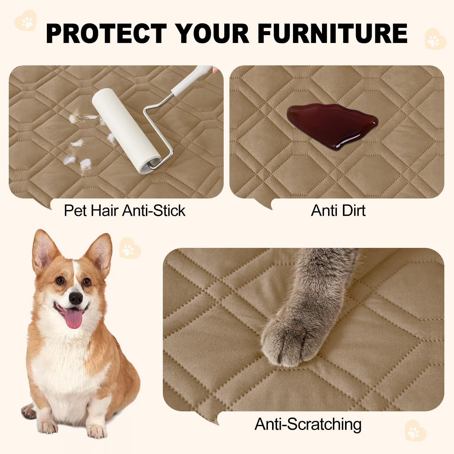 Smiry Reversible Waterproof Couch Covers for Sofa, Washable Dogs Pet Couch Covers for 3 Cushion Sofa Pet Friendly, Water Resistant Furniture Protector Slipcover, Geometric (52"x82", Camel/Beige) - Image 4