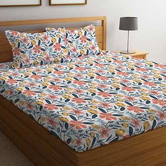 LOOMLYFE Cotton Feel Glace Cotton Elastic Fitted Printed King Size Double Bed Bedsheet with 2 Pillow Covers Fits Upto 8 inches Mattress,Size- 72x78x10 Inches, BaleBlueFlower