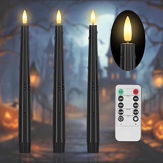 SHENSY 3 Pack Halloween Black Flameless Taper Candles –Drip Real Wax Battery Operated LED Candlesticks with 3D Flickering Flame, Remote & Timer – Haunted Decor for Spooky Tables & Windows