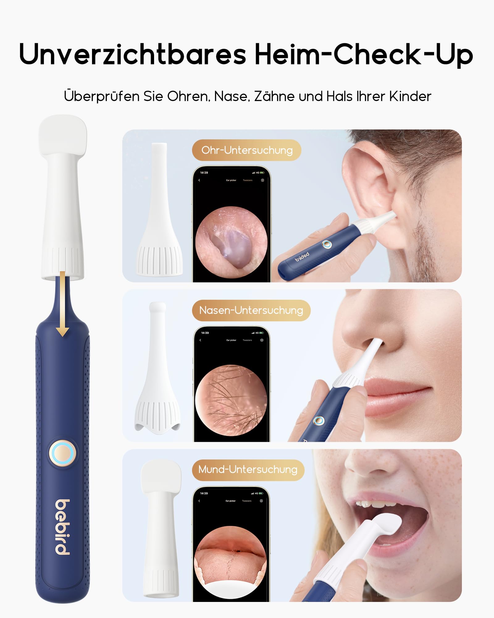 Bebird Otoscope Oreille 1920P HD Flexible Camera Iscope avec Pince Nettoyant Oreille Examen Oreilles Nez Gorge