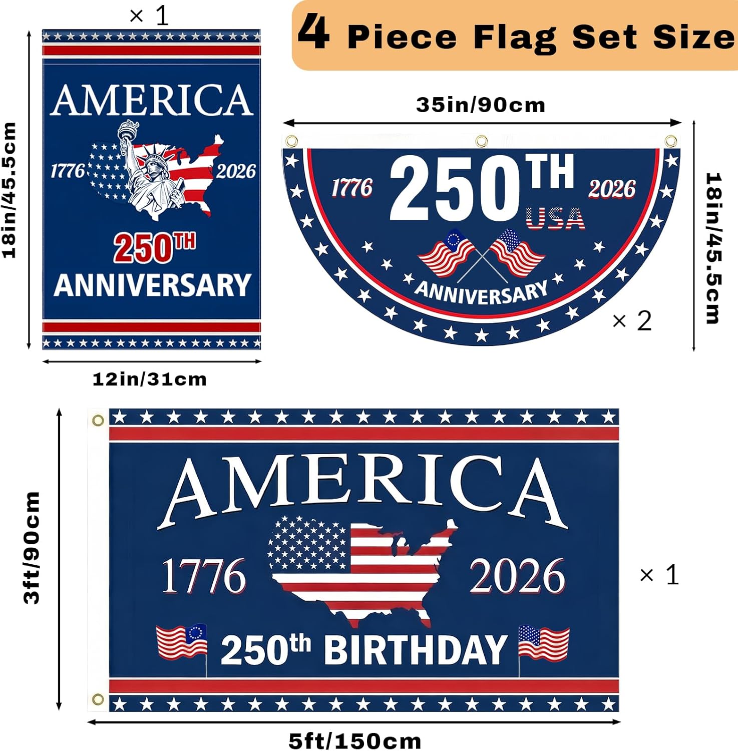 250 Anniversary USA Flag Set–Double Sided 3-Ply 3x5 Ft American Flags for Outside Banner with Garden & Half Round Porch Flag, 1776-2026 Patriots Flag 4th of July Decorations,4 Piece (Set A)